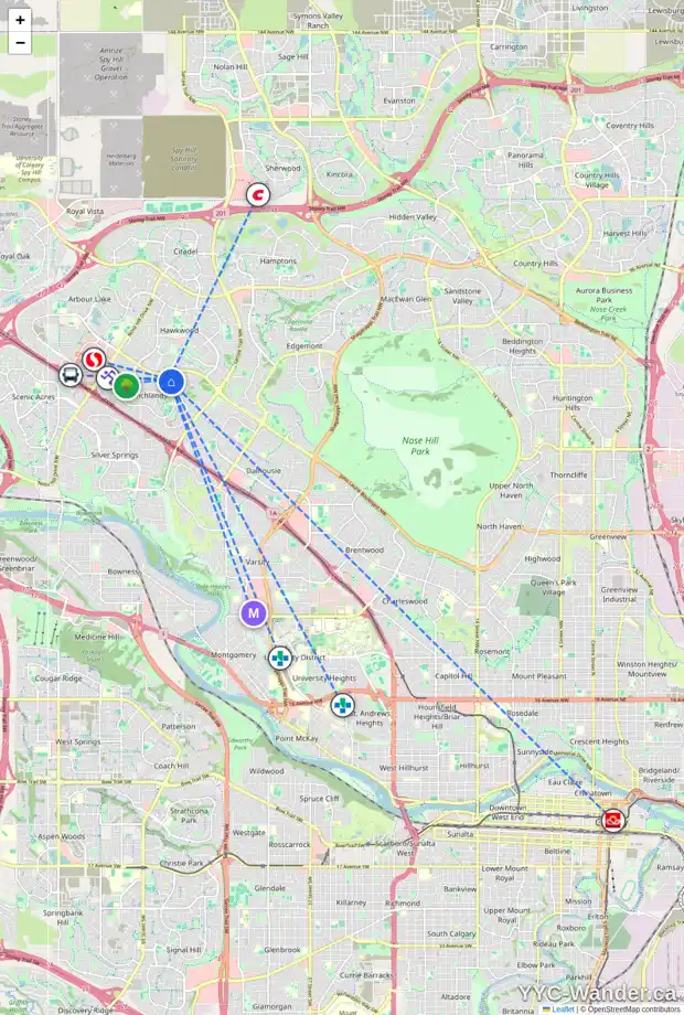 Daily accessibility map for 327 RANCHRIDGE BA NW, Calgary showing nearby schools, grocery stores, parks, LRT stations and nearby amenities