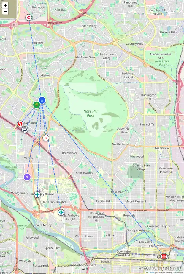 Daily accessibility map for 855 EDGEMONT RD NW, Calgary showing nearby schools, grocery stores, parks, LRT stations and nearby amenities