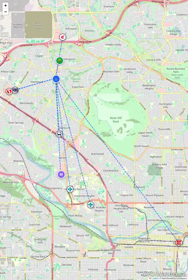 Daily accessibility map for 549 HAWKHILL PL NW, Calgary showing nearby schools, grocery stores, parks, LRT stations and nearby amenities