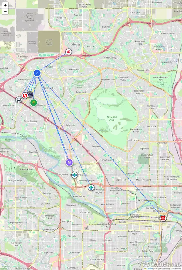Daily accessibility map for 135 ARBOUR RIDGE WY NW, Calgary showing nearby schools, grocery stores, parks, LRT stations and nearby amenities
