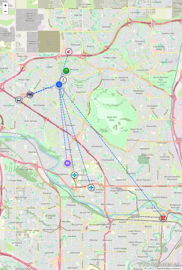 Daily accessibility map for 393 HAWKTREE CI NW, Calgary showing nearby schools, grocery stores, parks, LRT stations and nearby amenities