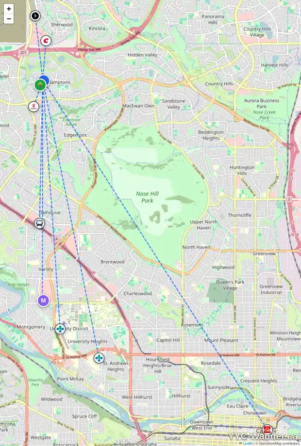 Daily accessibility map for 189 HAMPTONS GV NW, Calgary showing nearby schools, grocery stores, parks, LRT stations and nearby amenities