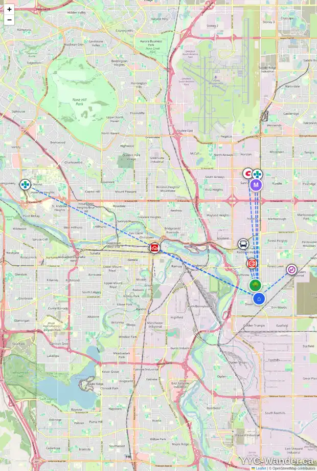 Daily accessibility map for 3441 33A AV SE, Calgary showing nearby schools, grocery stores, parks, LRT stations and nearby amenities