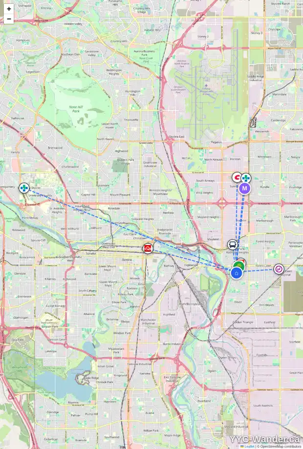 Daily accessibility map for 2030 ASPEN CR SE, Calgary showing nearby schools, grocery stores, parks, LRT stations and nearby amenities