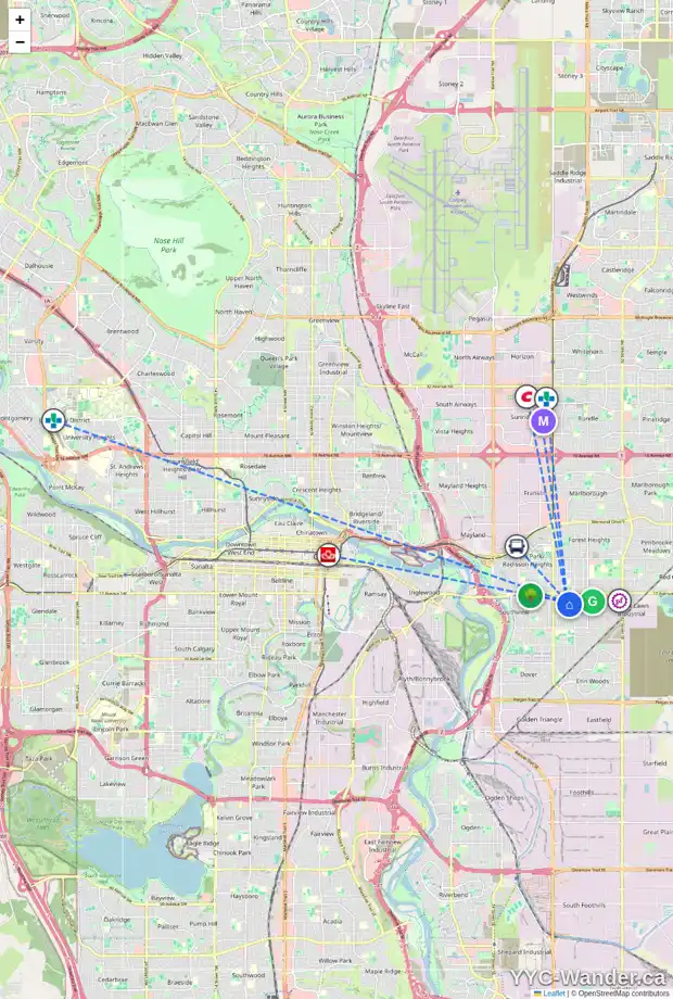 Daily accessibility map for 2012 39 ST SE, Calgary showing nearby schools, grocery stores, parks, LRT stations and nearby amenities