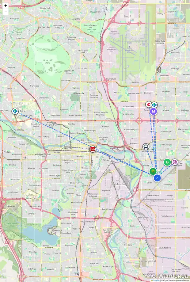 Daily accessibility map for 99 DOVERCLIFFE WY SE, Calgary showing nearby schools, grocery stores, parks, LRT stations and nearby amenities