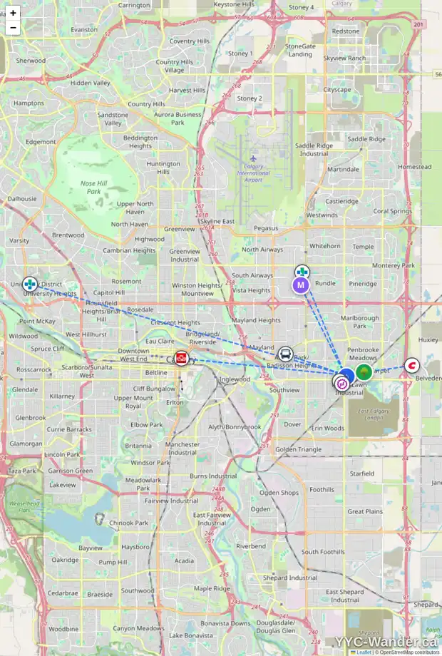Daily accessibility map for 1538 52 ST SE, Calgary showing nearby schools, grocery stores, parks, LRT stations and nearby amenities
