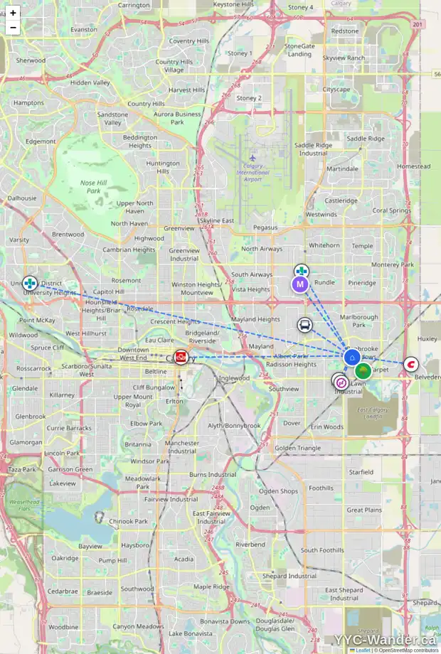 Daily accessibility map for 715 55 ST SE, Calgary showing nearby schools, grocery stores, parks, LRT stations and nearby amenities
