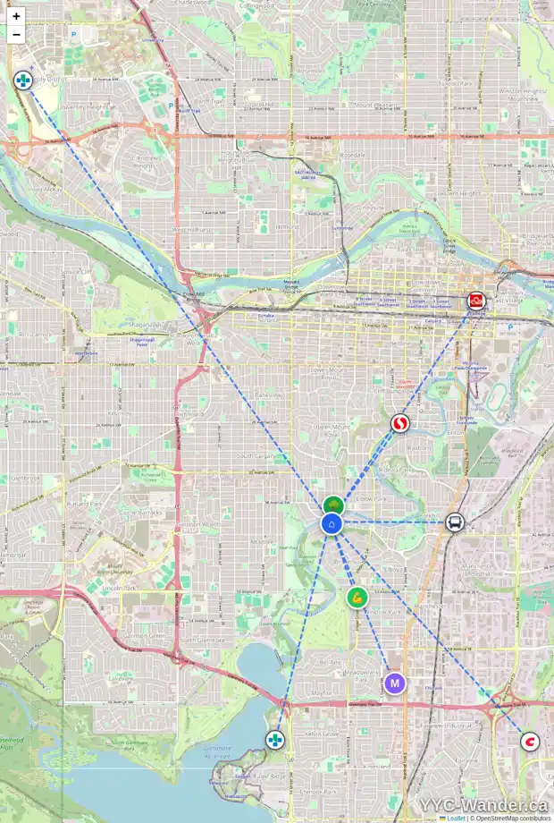Daily accessibility map for 1128 RIVERDALE AV SW, Calgary showing nearby schools, grocery stores, parks, LRT stations and nearby amenities