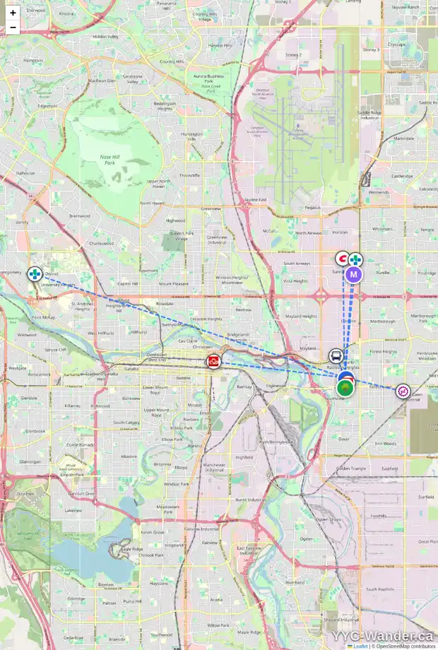 Daily accessibility map for 1607 ROULEAU CR SE, Calgary showing nearby schools, grocery stores, parks, LRT stations and nearby amenities