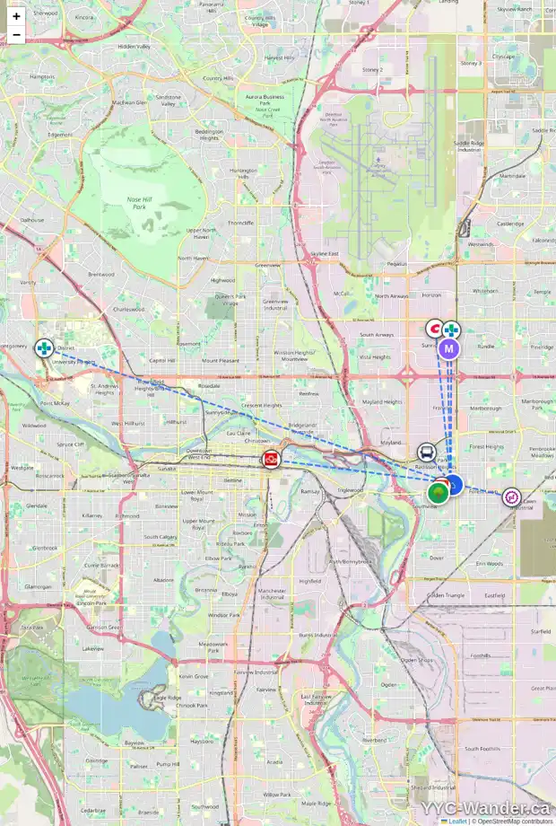 Daily accessibility map for 1530 34 ST SE, Calgary showing nearby schools, grocery stores, parks, LRT stations and nearby amenities
