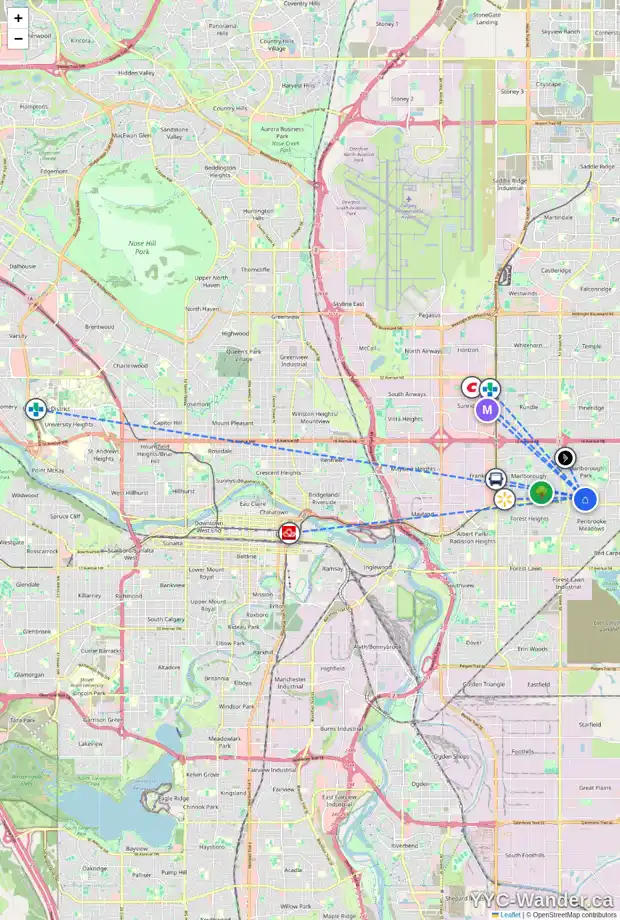 Daily accessibility map for 5832 MEMORIAL DR NE, Calgary showing nearby schools, grocery stores, parks, LRT stations and nearby amenities