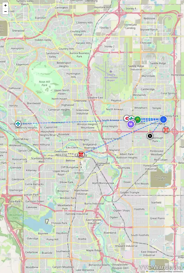 Daily accessibility map for 6713 29 AV NE, Calgary showing nearby schools, grocery stores, parks, LRT stations and nearby amenities