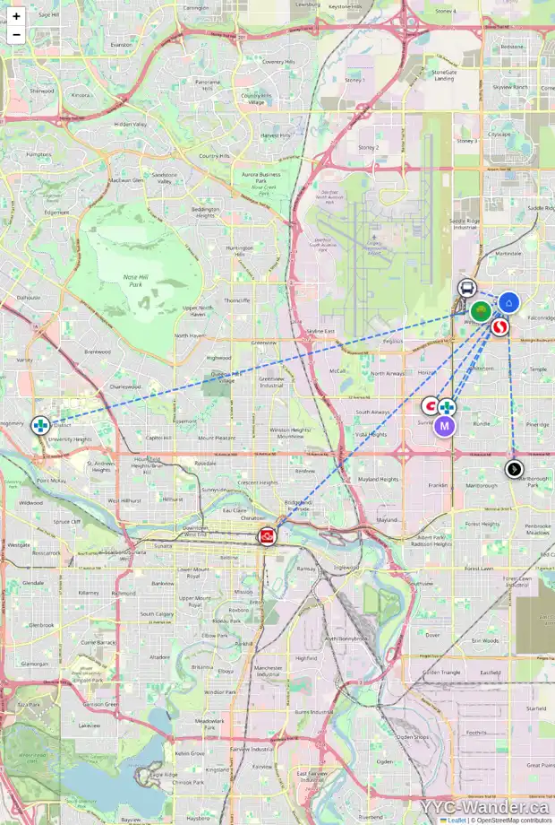 Daily accessibility map for 104 CASTLEGROVE RD NE, Calgary showing nearby schools, grocery stores, parks, LRT stations and nearby amenities