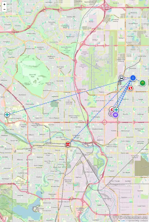 Daily accessibility map for 44 CASTLEDALE CR NE, Calgary showing nearby schools, grocery stores, parks, LRT stations and nearby amenities