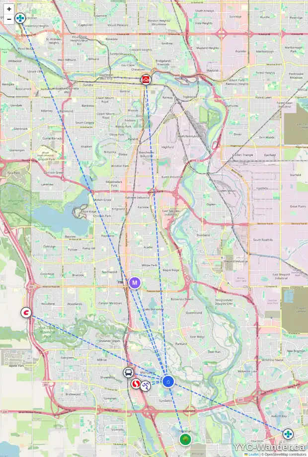 Daily accessibility map for 52 SUNMOUNT CL SE, Calgary showing nearby schools, grocery stores, parks, LRT stations and nearby amenities