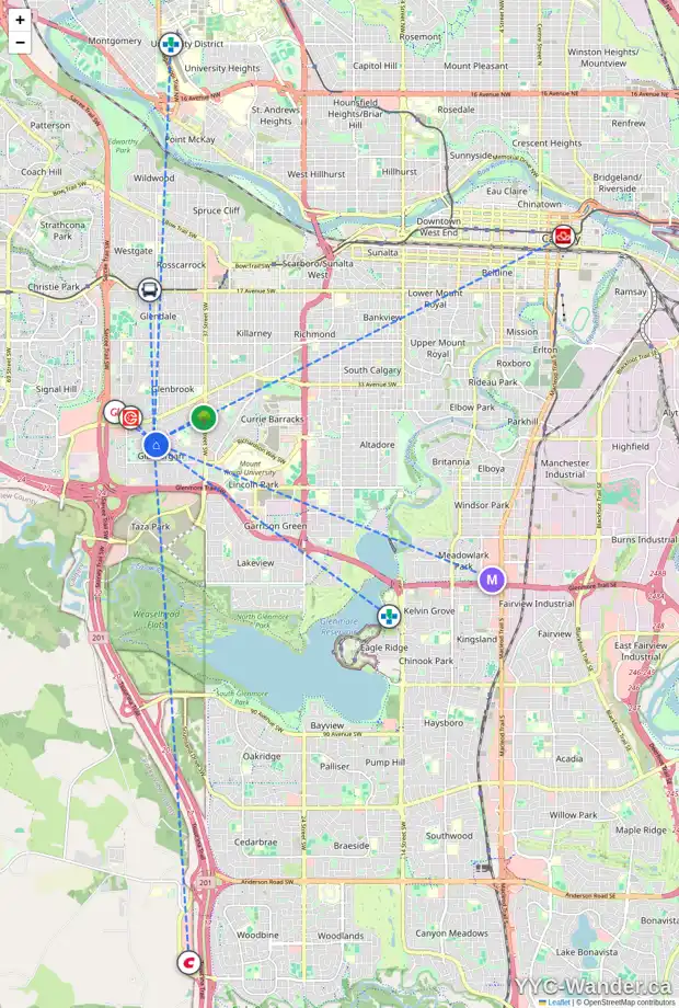 Daily accessibility map for 4303 45 ST SW, Calgary showing nearby schools, grocery stores, parks, LRT stations and nearby amenities