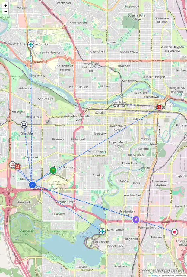 Daily accessibility map for 4908 43 ST SW, Calgary showing nearby schools, grocery stores, parks, LRT stations and nearby amenities