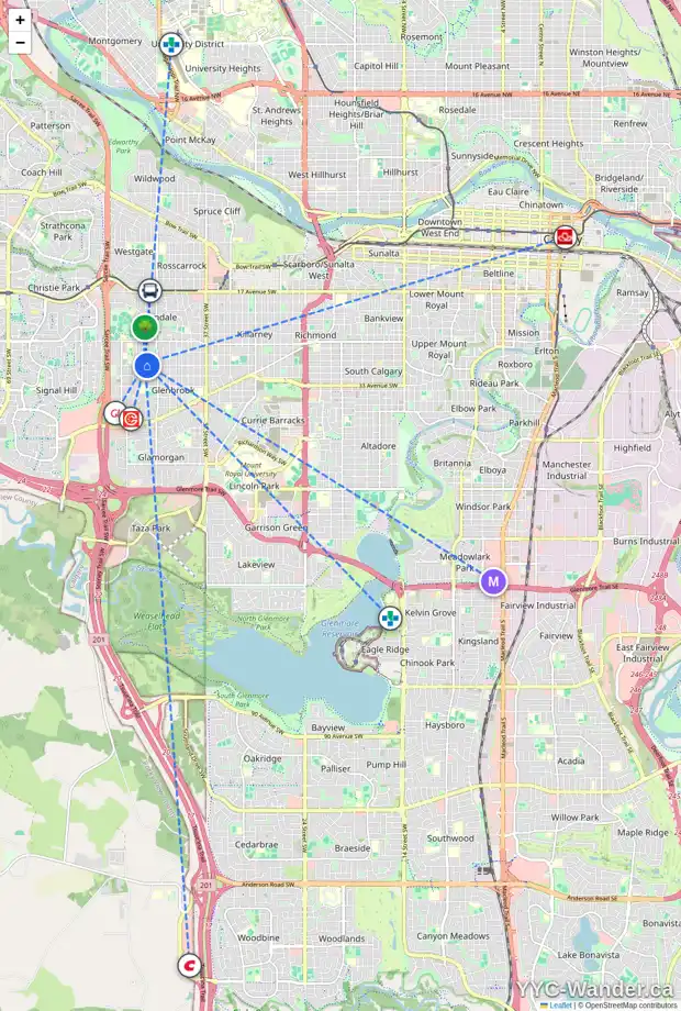 Daily accessibility map for 4808 30 AV SW, Calgary showing nearby schools, grocery stores, parks, LRT stations and nearby amenities