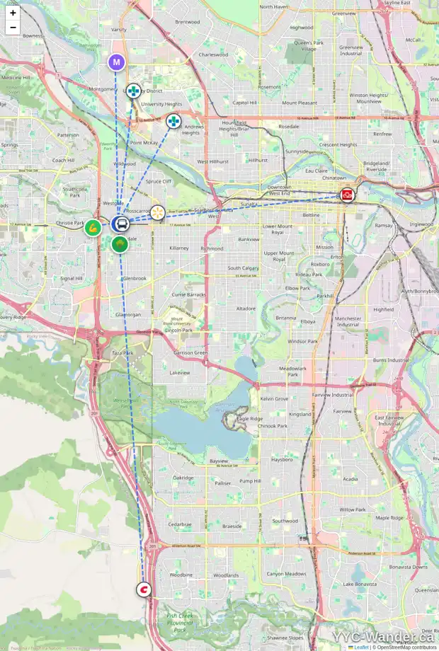 Daily accessibility map for 1707 47 ST SW, Calgary showing nearby schools, grocery stores, parks, LRT stations and nearby amenities