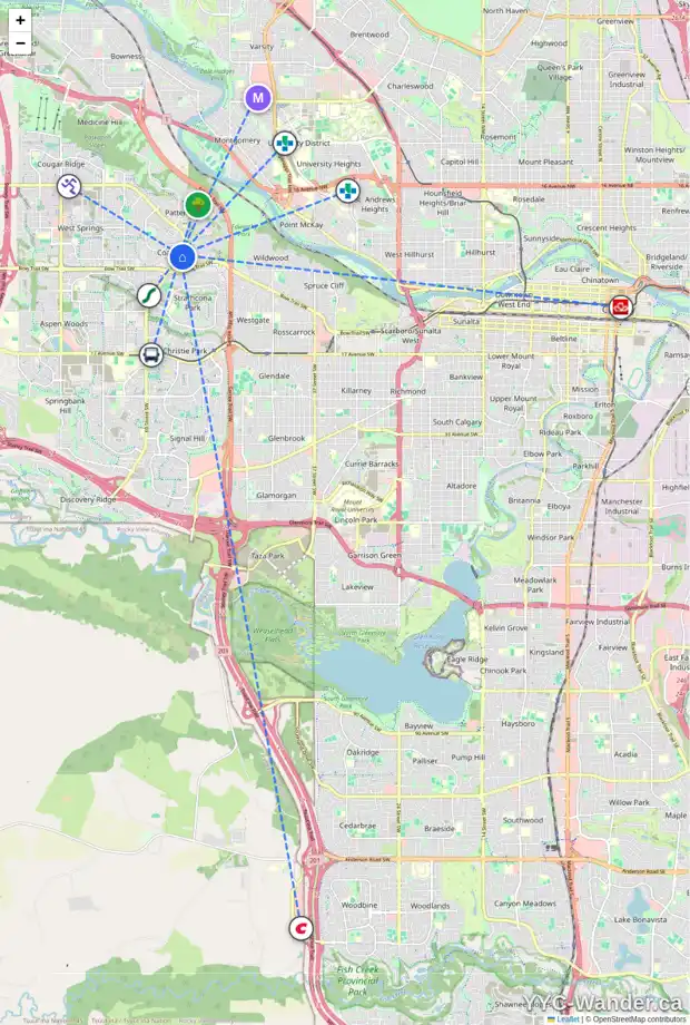 Daily accessibility map for 232 COACH LIGHT BA SW, Calgary showing nearby schools, grocery stores, parks, LRT stations and nearby amenities
