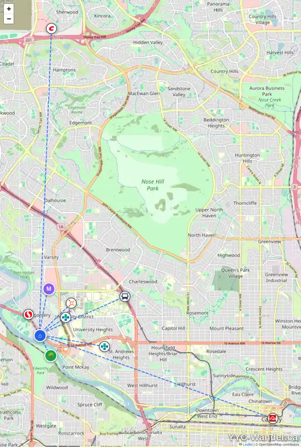 Daily accessibility map for 4535 MONTEREY AV NW, Calgary showing nearby schools, grocery stores, parks, LRT stations and nearby amenities