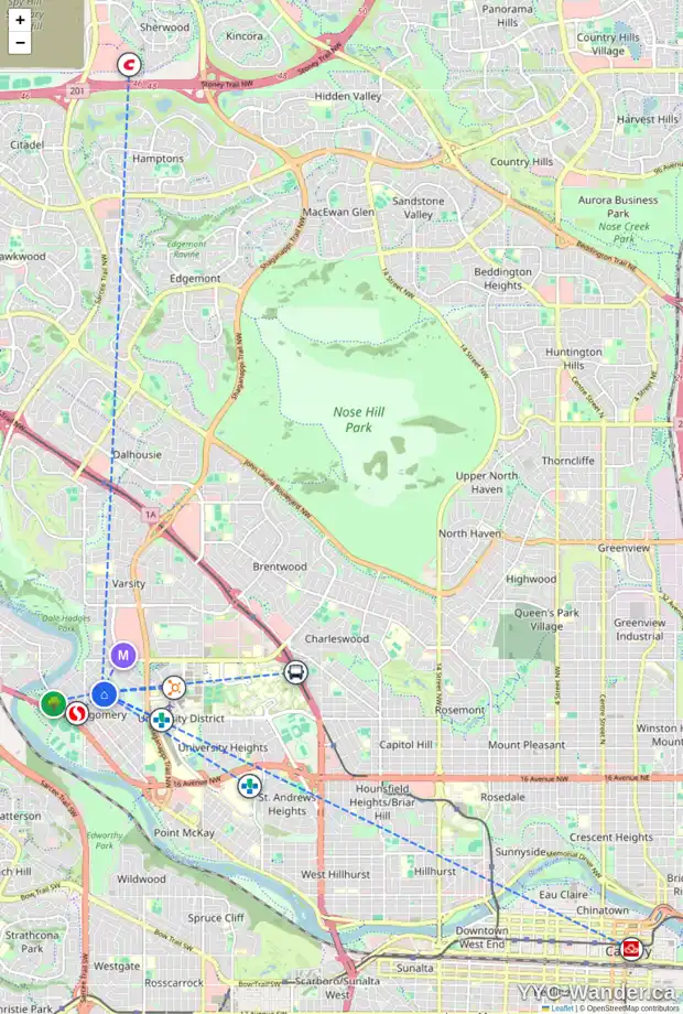 Daily accessibility map for 4924 21 AV NW, Calgary showing nearby schools, grocery stores, parks, LRT stations and nearby amenities