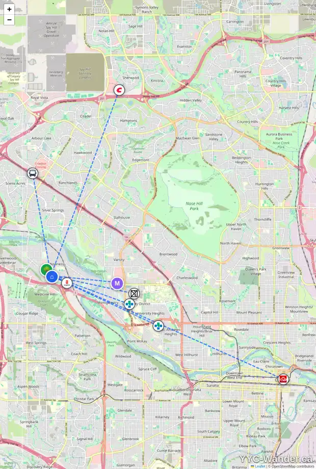 Daily accessibility map for 7604 35 AV NW, Calgary showing nearby schools, grocery stores, parks, LRT stations and nearby amenities