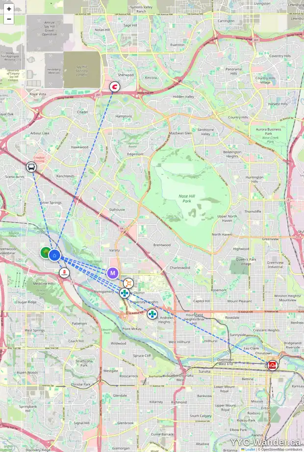 Daily accessibility map for 4302 73 ST NW, Calgary showing nearby schools, grocery stores, parks, LRT stations and nearby amenities