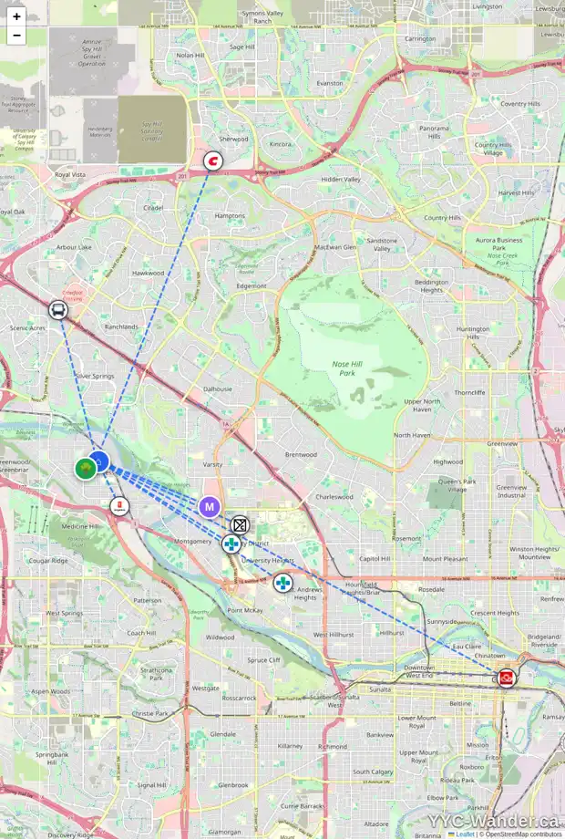 Daily accessibility map for 4520 72 ST NW, Calgary showing nearby schools, grocery stores, parks, LRT stations and nearby amenities