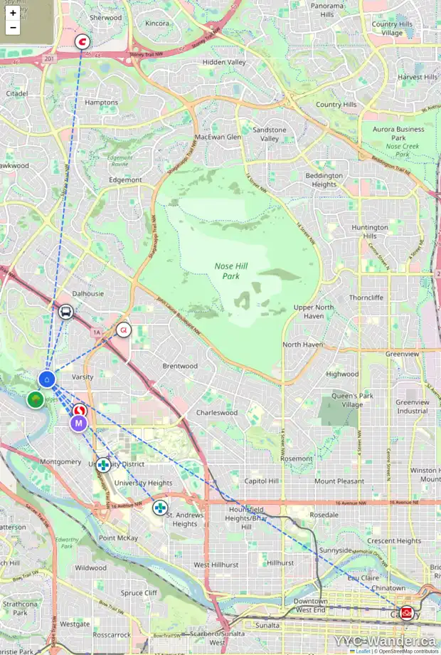 Daily accessibility map for 4127 VARSITY RD NW, Calgary showing nearby schools, grocery stores, parks, LRT stations and nearby amenities