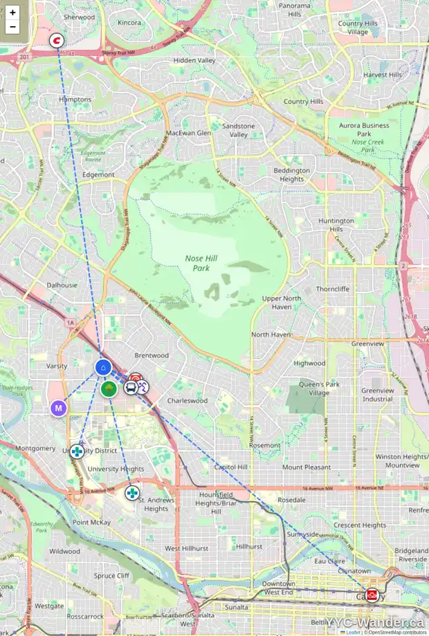 Daily accessibility map for 4323 VILLA CR NW, Calgary showing nearby schools, grocery stores, parks, LRT stations and nearby amenities