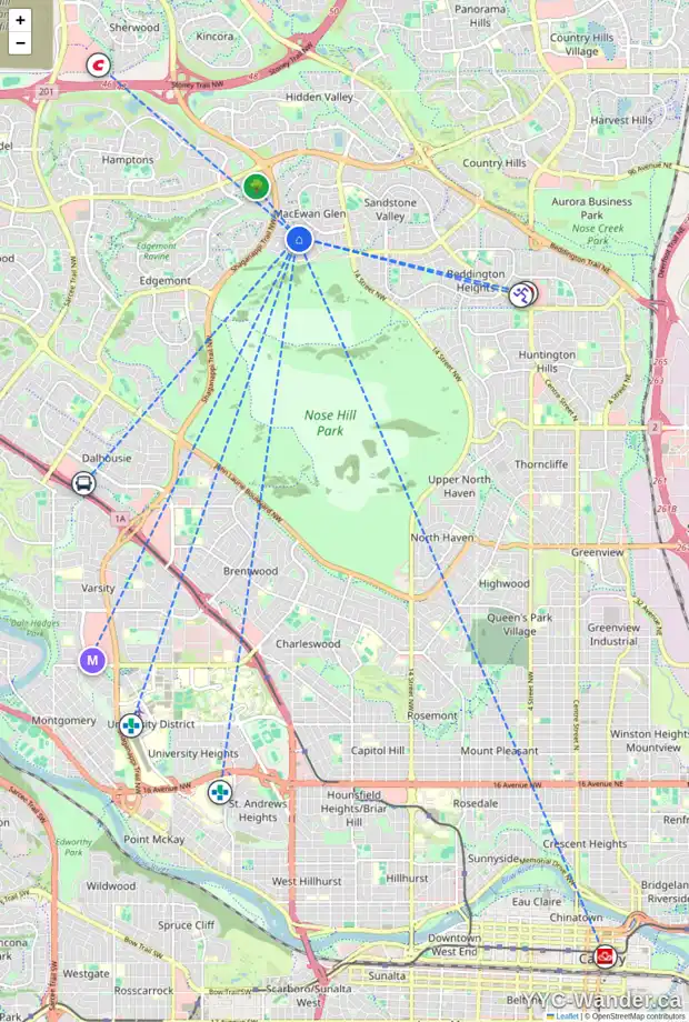 Daily accessibility map for 92 MACEWAN PARK GR NW, Calgary showing nearby schools, grocery stores, parks, LRT stations and nearby amenities