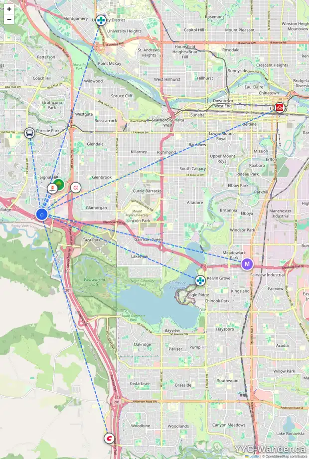 Daily accessibility map for 111 SIERRA MADRE CR SW, Calgary showing nearby schools, grocery stores, parks, LRT stations and nearby amenities