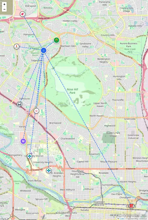 Daily accessibility map for 221 EDGEVALLEY WY NW, Calgary showing nearby schools, grocery stores, parks, LRT stations and nearby amenities