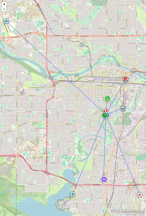 Daily accessibility map for 512 RIDEAU RD SW, Calgary showing nearby schools, grocery stores, parks, LRT stations and nearby amenities