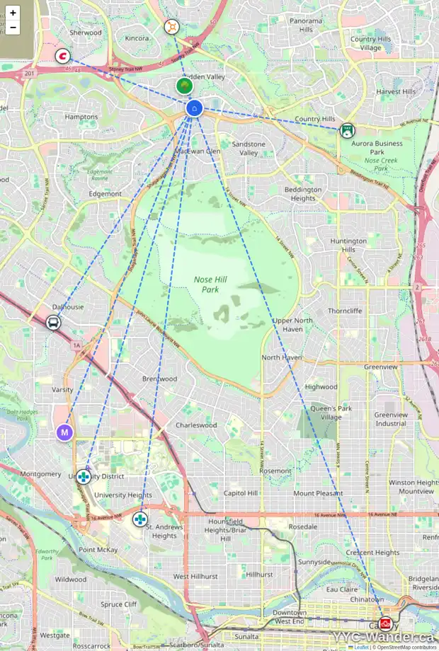 Daily accessibility map for 139 HIDDEN GR NW, Calgary showing nearby schools, grocery stores, parks, LRT stations and nearby amenities