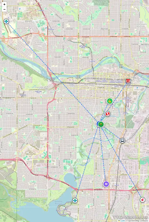 Daily accessibility map for 3217 ELBOW DR SW, Calgary showing nearby schools, grocery stores, parks, LRT stations and nearby amenities