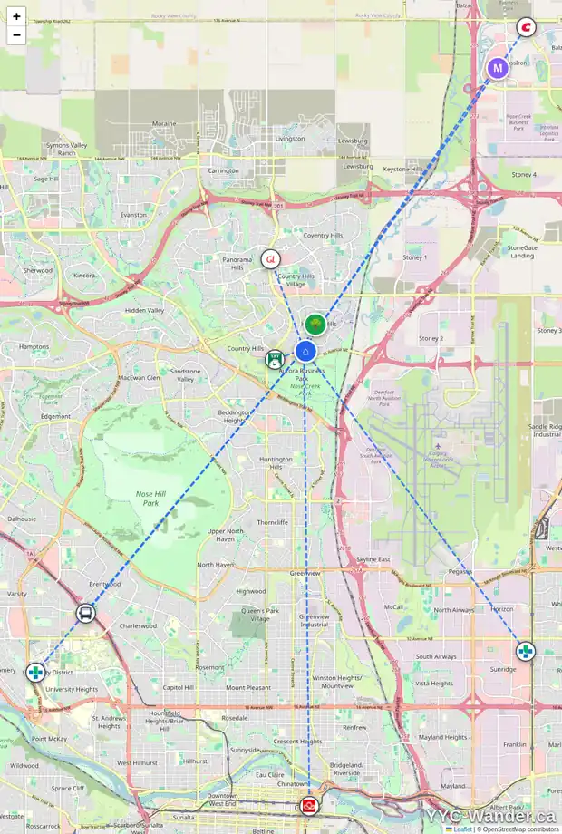 Daily accessibility map for 42 HARVEST ROSE CI NE, Calgary showing nearby schools, grocery stores, parks, LRT stations and nearby amenities