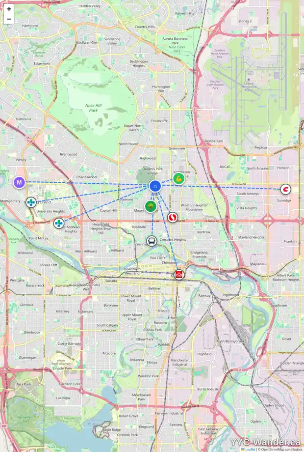 Daily accessibility map for 3218 4A ST NW, Calgary showing nearby schools, grocery stores, parks, LRT stations and nearby amenities