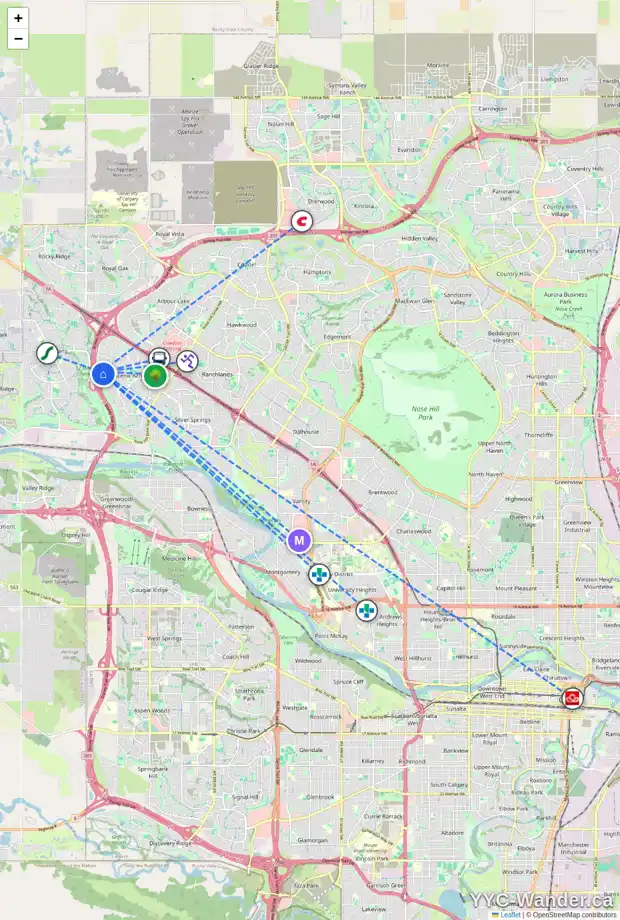 Daily accessibility map for 513 SCHOONER CV NW, Calgary showing nearby schools, grocery stores, parks, LRT stations and nearby amenities