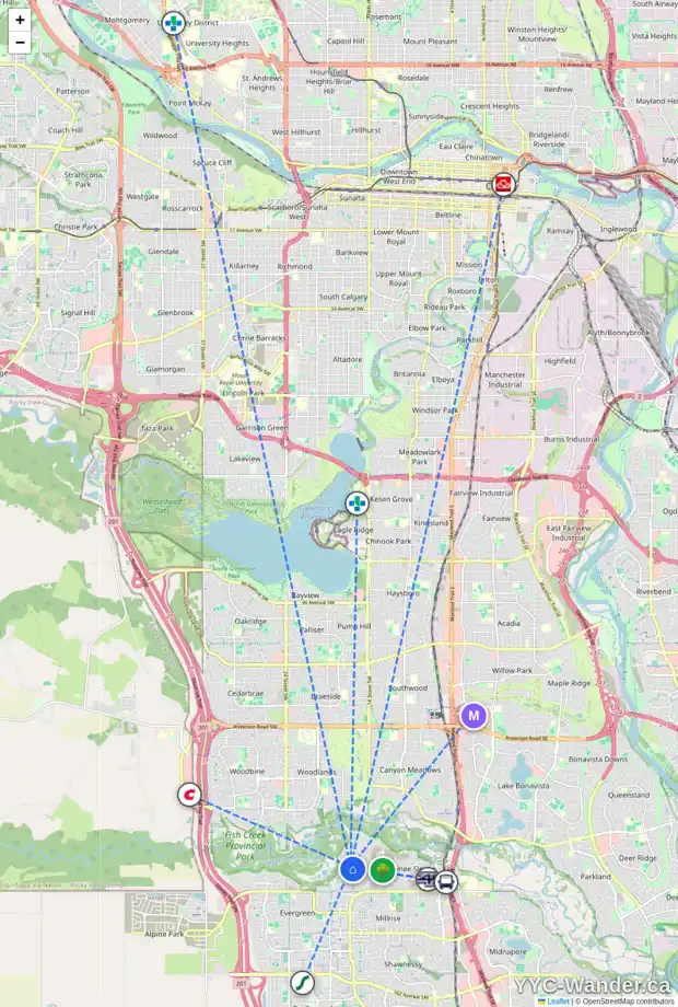 Daily accessibility map for 19 EVERGREEN GV SW, Calgary showing nearby schools, grocery stores, parks, LRT stations and nearby amenities