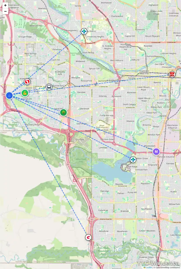 Daily accessibility map for 10 SLOPES GV SW, Calgary showing nearby schools, grocery stores, parks, LRT stations and nearby amenities