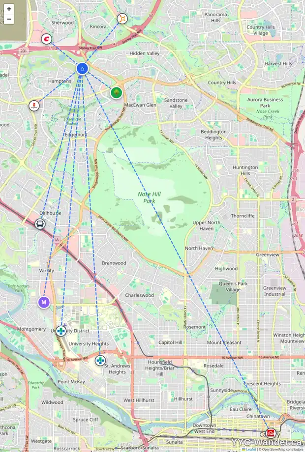 Daily accessibility map for 79 HAMPTONS HT NW, Calgary showing nearby schools, grocery stores, parks, LRT stations and nearby amenities