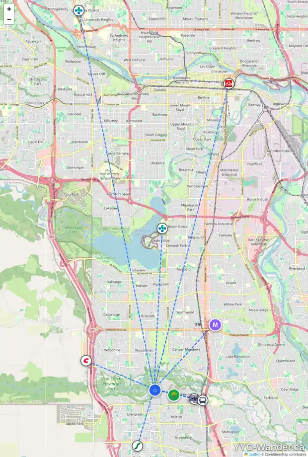 Daily accessibility map for 47 EVERGREEN RI SW, Calgary showing nearby schools, grocery stores, parks, LRT stations and nearby amenities