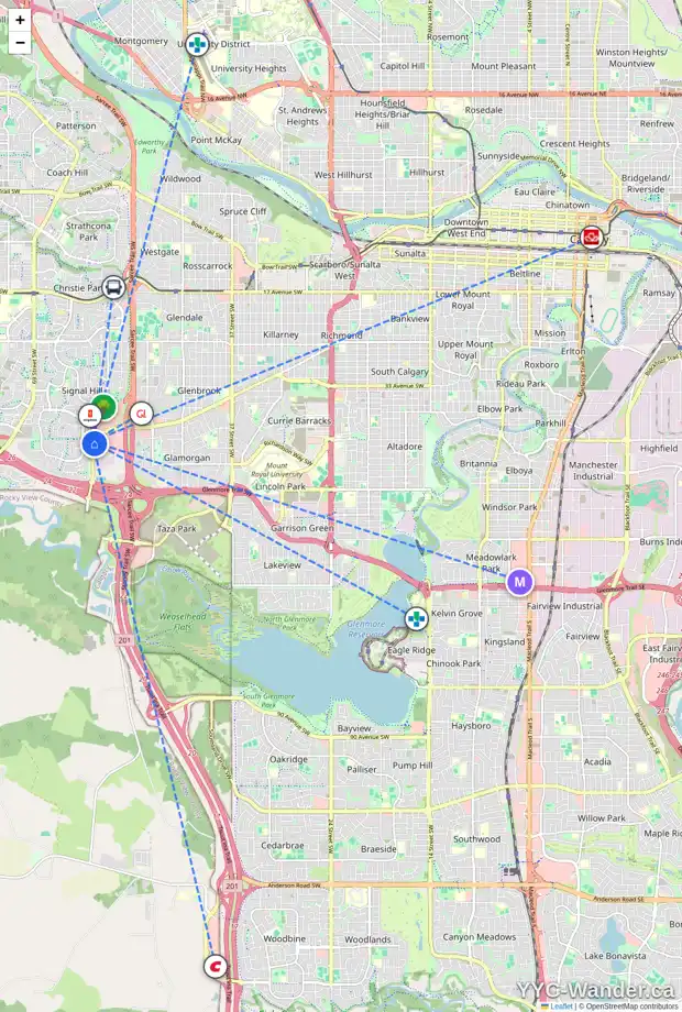Daily accessibility map for 218 20 SIERRA MORENA ME SW, Calgary showing nearby schools, grocery stores, parks, LRT stations and nearby amenities