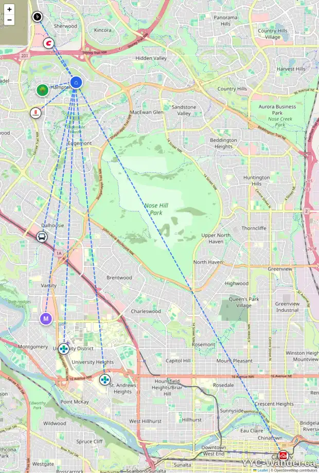 Daily accessibility map for 206 HAMPTONS GD NW, Calgary showing nearby schools, grocery stores, parks, LRT stations and nearby amenities