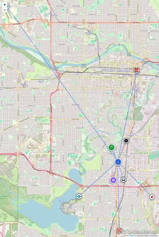Daily accessibility map for 5505 MACLEOD TR SW, Calgary showing nearby schools, grocery stores, parks, LRT stations and nearby amenities