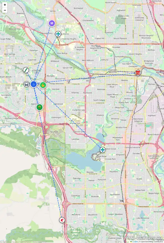 Daily accessibility map for 13 99 CHRISTIE PT SW, Calgary showing nearby schools, grocery stores, parks, LRT stations and nearby amenities