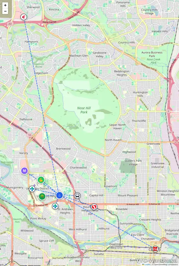 Daily accessibility map for 2934 UNWIN RD NW, Calgary showing nearby schools, grocery stores, parks, LRT stations and nearby amenities